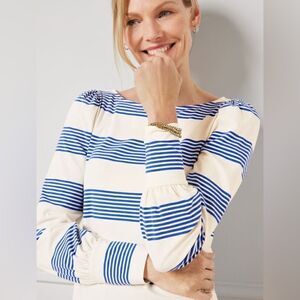 NWT Talbots Blouson Sleeve Tee Cluster Stripe Top Blue Ivory